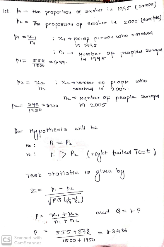 Let the propor Ho Por Ho of smoker q9 s Sompi Tha propostiou of smoker in 20os (Sample smoker u20 apl) ให้ 199s oF p*ople ho