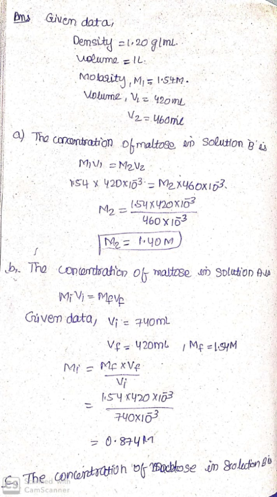 Bms GNem data Demsity glmL uoluma IL Molbaity Mi 1-S4M. Volume, 420mL a) Tha conontsation Solution Ba obmaltose MIN M2VZ s4