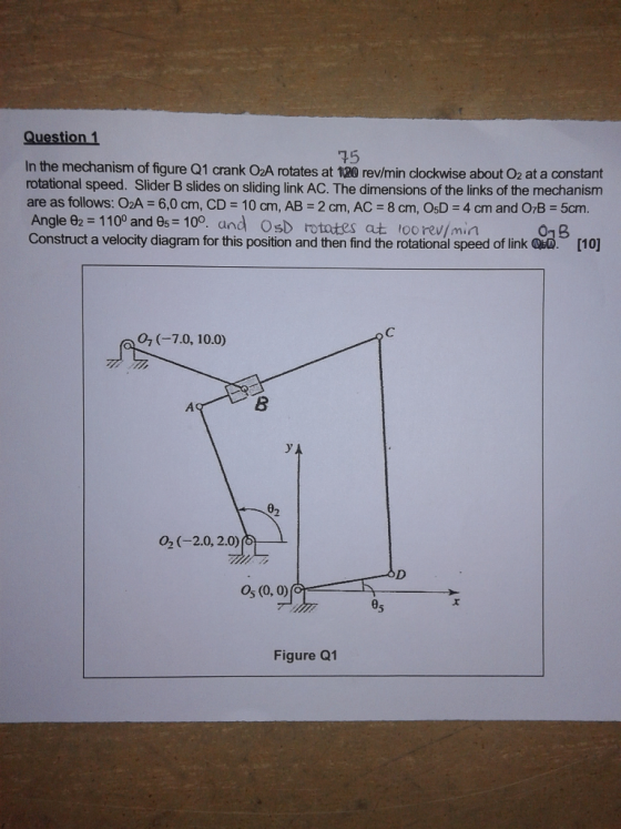 Question 1 75 In the mechanism of figure Q1 crank O2A rotates at 120 rev/min clockwise about O2 at a constant rotational spee