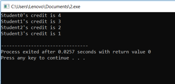 CAUsers\Lenovo\Documents\2.exe Student1s credit is 3 Student2s credit is 2 Student3s credit is 1 Process exited after 0.02