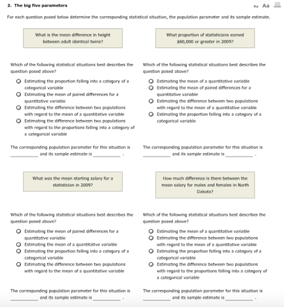 2. The big five parameters Aa Aa For each question posed below determine the corresponding statistical situation, the populat