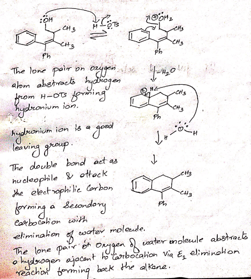 : он Ts CH 3 fh The loe pr on o vm on Ph turn on g ๑ ea vi The double bond act a ming a 8euondo eliminalion er molede The lo