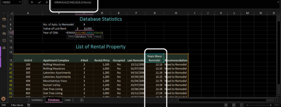 INDEX DMAx(A15:H65,G15,Criteria) Database Statistics No. of Apts. to Remodel Value of Lost Rent Year of Old DMAX(A15:H65,G15,