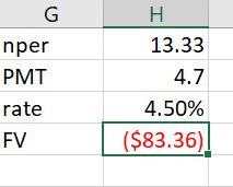 G H 13.33 nper PMT 4.7 4.50% rate ($83.36) FV I