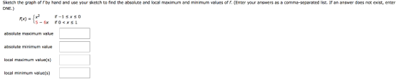 Sketch the graph of fby hand and use your sketch to find the absolute and local maximum and minimum values of f. (Enter your