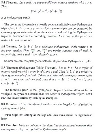 8.5 Theorem. Let s andt be any two different natural numbers with s t. Then (2st. (). is a Pythagorean triple. The preceding