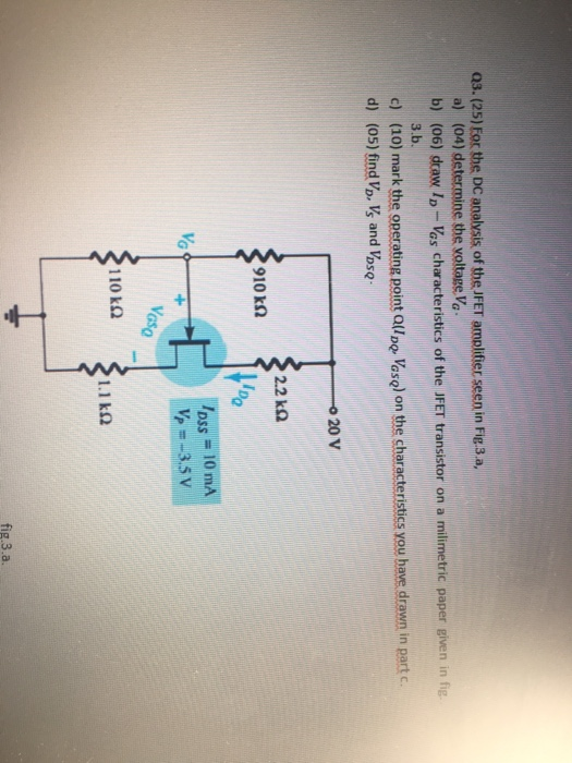 as. (25) For the DC analvsis of the JFET amplifier seen in Fig3a, a) (04) determine the voltage Va b) (06) draw ID-VGs charac