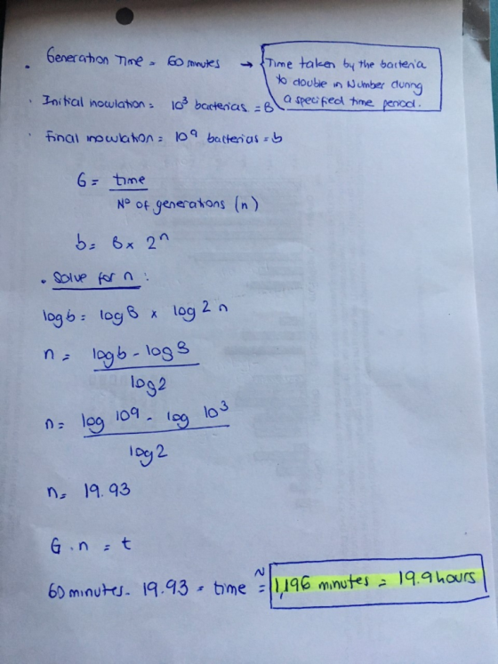 6enerahon Tne 60 mnutes Time talken by the bartena o double in Number dunng a specifecl tme penocl IniNal inoulation 1O bacte