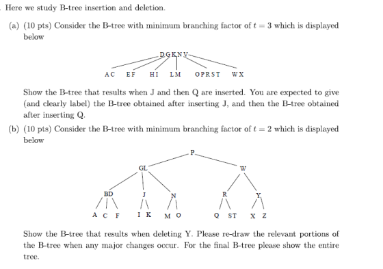 Here we study B-tree insertion and deletion (a) (10 pts) Consider the B-tree with minimum branching factor of t-3 which is di