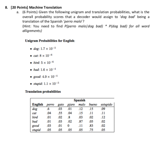 8. [20 Points Machine Translation (6 Points) Given the following unigram and translation probabilities, what is the overall p