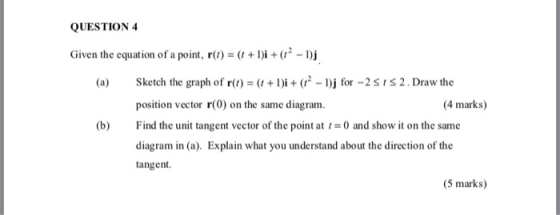 QUESTION 4 Given the equation of a point, r(t) ( I)i ( -I)j Sketch the graph of r(r) = (1 + l)i + (r2-Dj fr-2 2. Draw the (a)