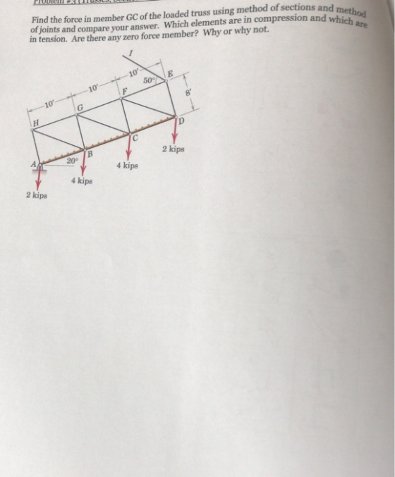 Find the force in member GC of the loaded truss using method of sections and of joints and compare your answer. Which element
