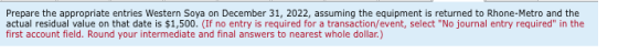 Prepare the appropriate entries Western Soya on December 31, 2022, assuming the equipment is returned to Rhone-Metro and the