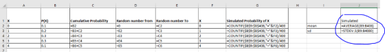 P(X 0.1 0.2 0.3 0.3 0.1 Cumulative Probabili Random number fromRandom number To Simulated Probability of x COUNTIF(SB$9:$B$40