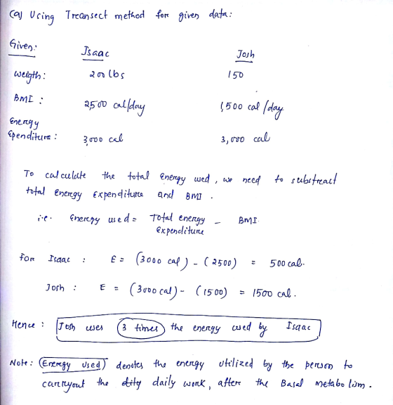 Ca Ucing Treansect method for gire) data: Given Jsaac Jojh 150 o (bs welgth ВMЕ : 3500 calday 500 cal Enery y Gpenditura 3, о