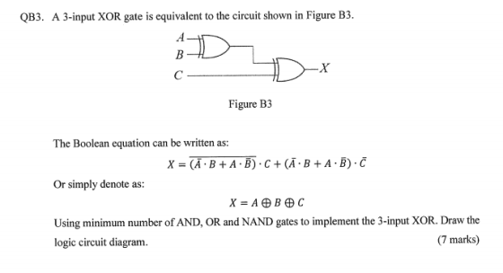 A 3-input XOR gate is equivalent to the circuit shown in Figure B3 QB3. A B -X C Figure B3 The Boolean equation can be writte