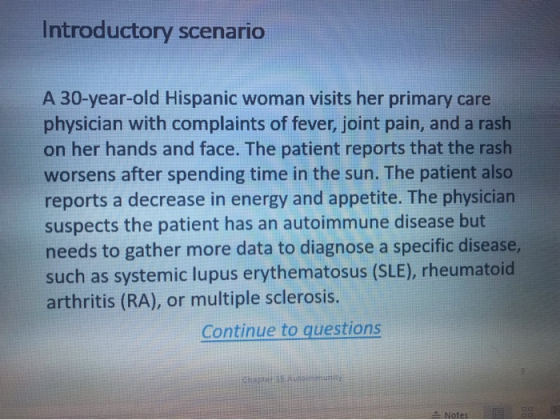 Introductory scenario A 30-year-old Hispanic woman visits her primary care physician with complaints of fever, joint pain, an