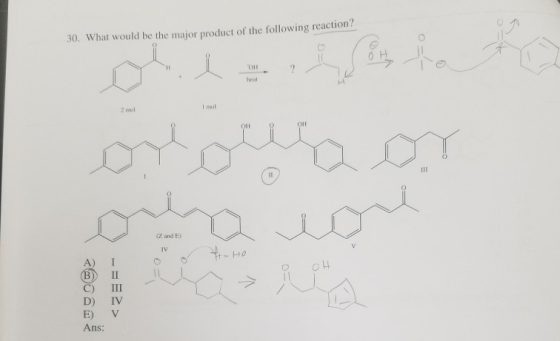 30. What would be the major product of the following reaction? H heat 1 mol 2 mol OH OH (Z and E) IV Tt-Ho D) E) Ans: IHMWY
