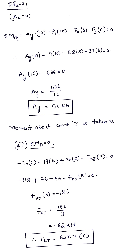 AO) SMGAy()-(10)- P2 (3)- (6)0. Ay (12) 191o)- a8(8)-37(6):26 (12)- 636 o. Ay 636 2 Ay 53 KN Moment about Point D s taken as