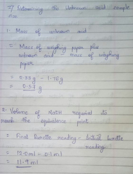 si2e Mass e unkneun acid tatnau aud aidmass pare 2.33 q 6 pcint Final Busrette reading s 12.0ml 11:9 m