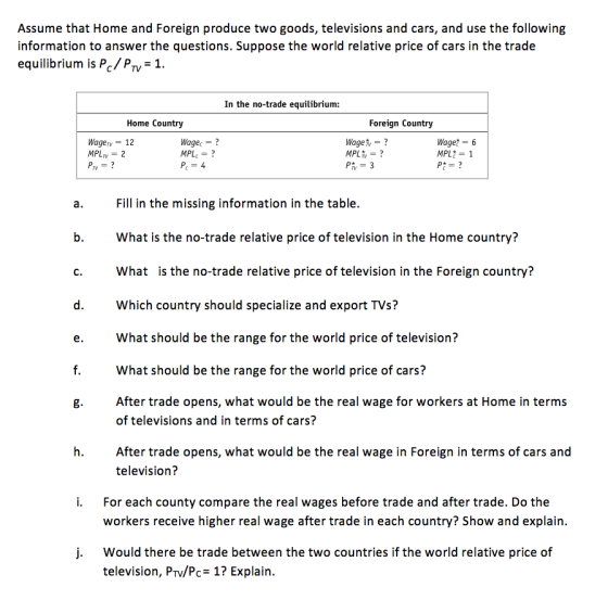 Assume that Home and Foreign produce two goods, televisions and cars, and use the following information to answer the questio