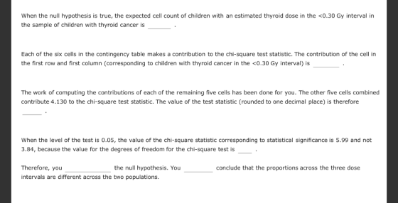 When the null hypothesis is true, the expected cell count of children with an estimated thyroid dose in the <0.30 Gy interval