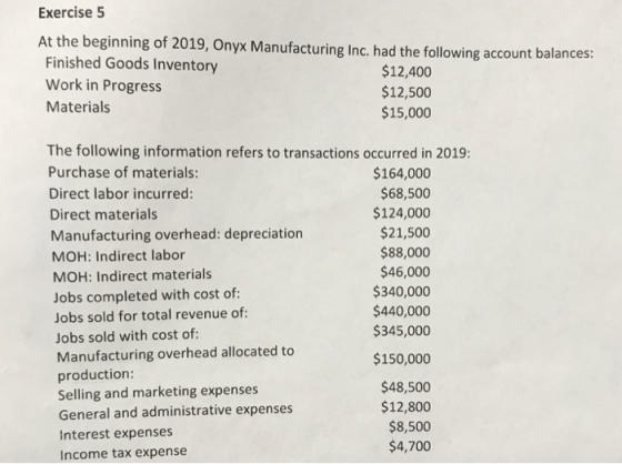 Exercise 5 At the beginning of 2019, Onyx Manufacturing Inc. had the following account balances: Finished Goods Inventory $12