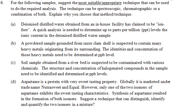 6 For the following samples, suggest the most suitable/appropriate technique that can be used to do the required analysis. Th