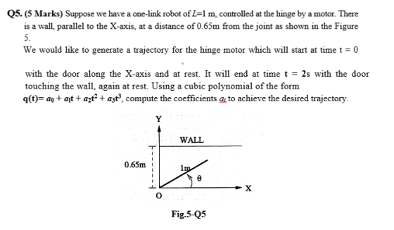Q5. (5 Marks) Suppose we have a one-link robot of L-1 m, controlled at the hinge by a motor. There is a wall, parallel to the