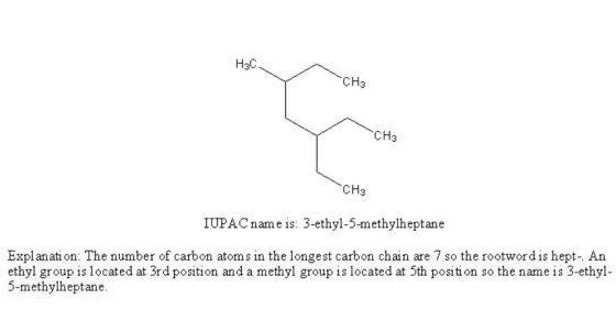 H3C CH3 CH3 CH3 IUPAC name is: 3-ethyl-5-methylheptane Explanati on: The number of carbon atoms in the longest carbon chain a