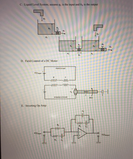 C. Liquid Level System; assume q is the input and h3 is the output ! Ay Ry R: ha A: As D. Field Control of a DC Motor Fleld C