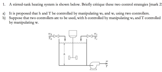 A stirred-tank heating system is shown below. Briefly critique these two control strategies [mark 25 1. It is proposed that h