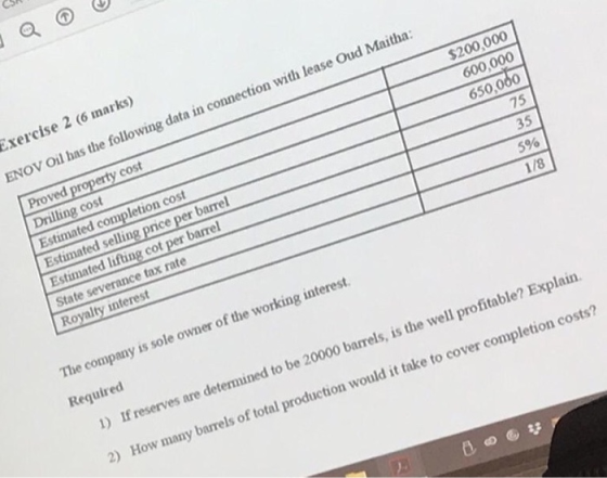 Exercise 2 (6 marks) ENOV Oil has the following data in connection with lease Oud Maitha: $200,000 600,000 650,000 75 35 596