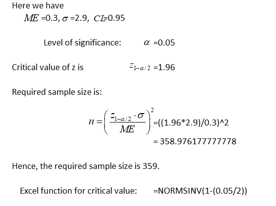 Here we have ME-03,ơ-29, CL-0.95 Level of significance: -0.05 Critical value of z is 21-a12-1.96 Required sample size is: -2