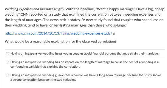 Wedding expenses and marriage length: With the headline, Want a happy marriage? Have a big, cheap wedding CNN reported on a