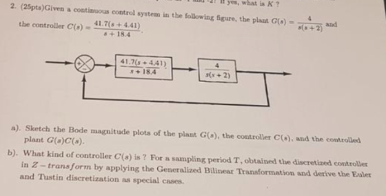 -2IH yes, what is K ? 2. (25pts)Given a continuous control system in the following Sgure, the plant G)ad s( +2) the controlle