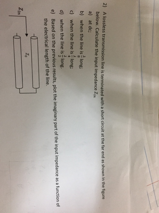 ossless transmission line is terminated with a short circuit at the far end as shown in the figure below. Calculate the input