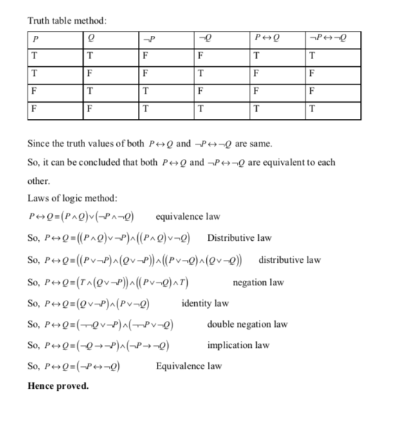 Truth table method Since the truth values of both P㈠Q and-P㈠-Q are same So, it can be concluded that both P and -P-O are equi