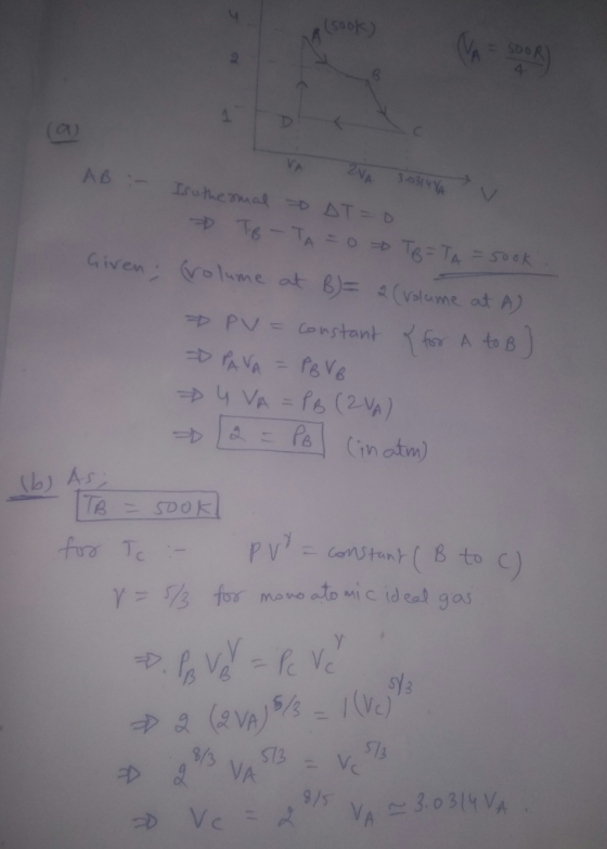 50ok) VA-SA VA ZNA 3-0314 Y AB Lrathe mal D AT=D T6-TA= 0 Te- TA 500k Givenvolume at B)(volume at A) PV = ConstantforA toB PA