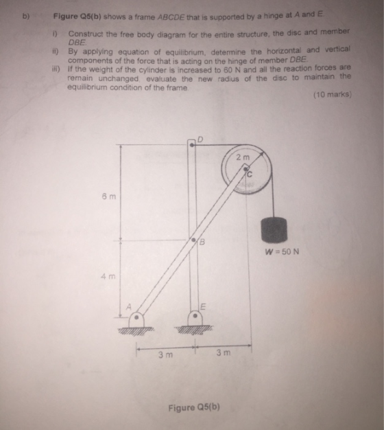 Figure Q5(b) shows a frame ABCDE that is supported by a hinge at A and E b) ) Construct the free body diagram for the entire