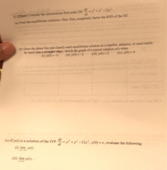 3.(25pm) Cimder fhe automunious first-onder DE = + -12 )Find the equililibum slutions int: first, completely factor the RHS o