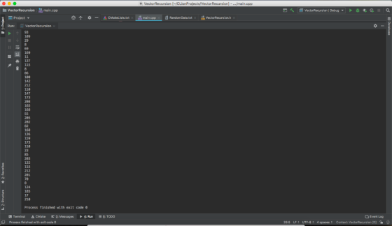 Recursion] - ...main.cpp main.cpp *증 *-ㅿCMakeLists.txt 분.main.cpp aRandomData txt VectorRecursionh Project ▼ Run: VectorRecur
