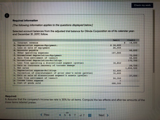 Check my work Required information The following information applies to the questions displayed below] Selected account balan