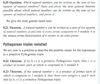 8.20 Question. Which natural mumbers can be written as the sum of two squares of natural raumbers? State and prove the mast g