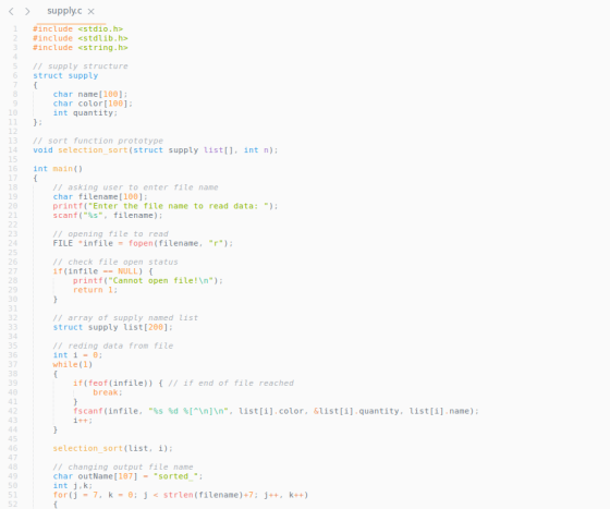 supplyc × 1 #include <stdio.h> 2 #include<stdlib.h> 3 #include <string.h> supply structure struct supply 8 char name [ 100] c