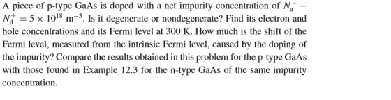 A piece of p-type GaAs is doped with a net impurity concentration of N Na-5 × 1018 m-3. Is it degenerate or nondegenerate? Fi