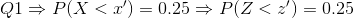 Q1\Rightarrow P(X<x')=0.25\Rightarrow P(Z<z')=0.25
