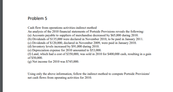 Problem 5 Cash flow from operations activities-indirect method An analysis of the 2010 financial statements of Portside Provi