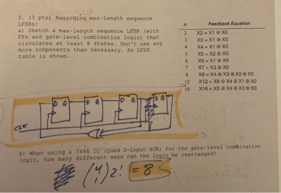 3. (3 pts) Regarding max-length sequence Feedback Equation LFSRS: a) Sketch a max-length sequence LFSR (with FFs and gate-lev