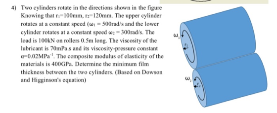 4) Two cylinders rotate in the directions shown in the figure Knowing that ri100mm, r120mm. The upper cylinder rotates at a c